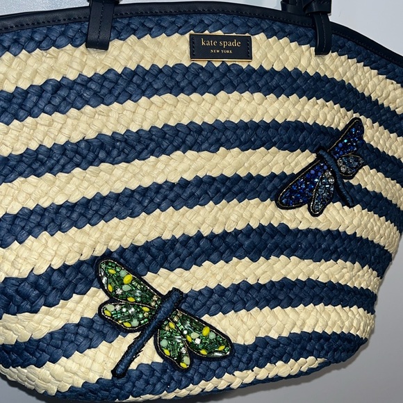 NWT! $378 kate spade Shore Thing Dragonfly Embellished Striped Straw Large Tote - Picture 8 of 17